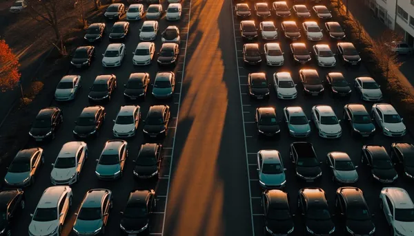 Vista aérea de un aparcamiento de coches de alquiler al atardecer