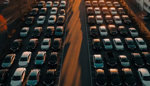 Vista aérea de un aparcamiento de coches de alquiler al atardecer