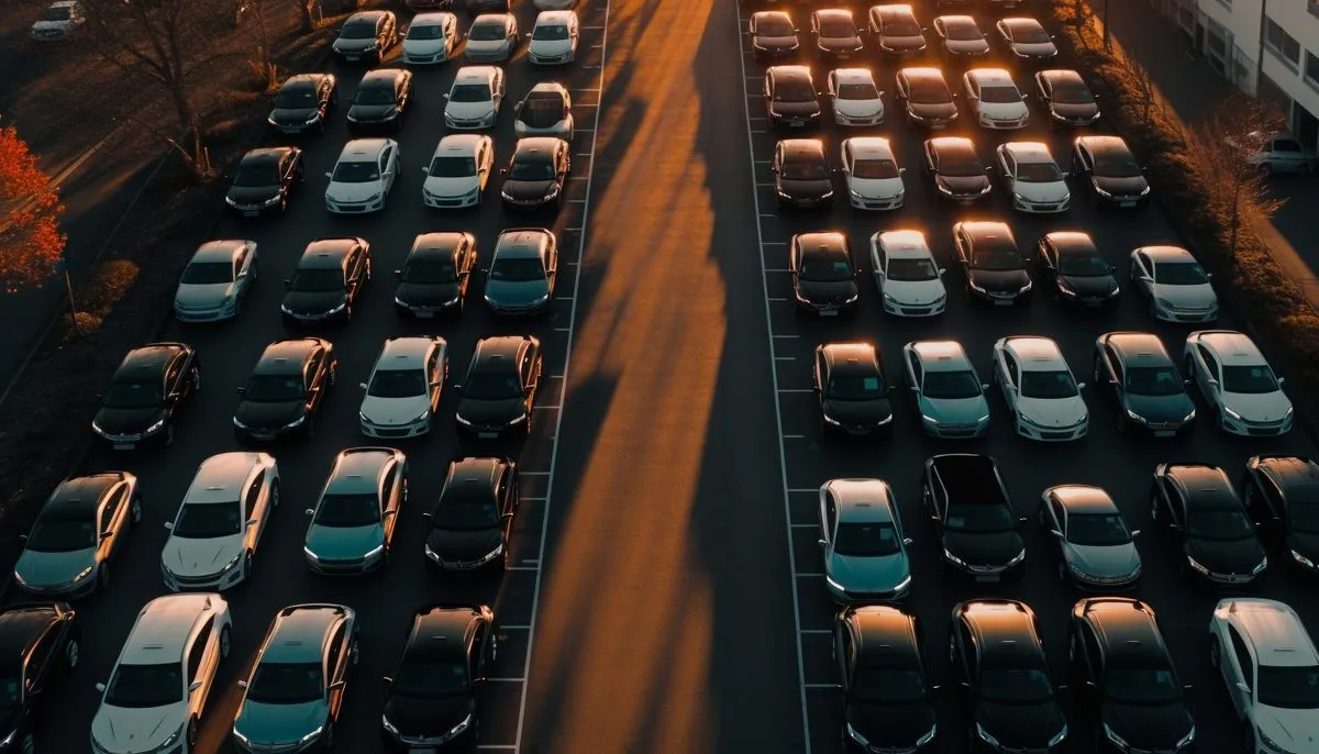 Vista aérea de un aparcamiento de coches de alquiler al atardecer