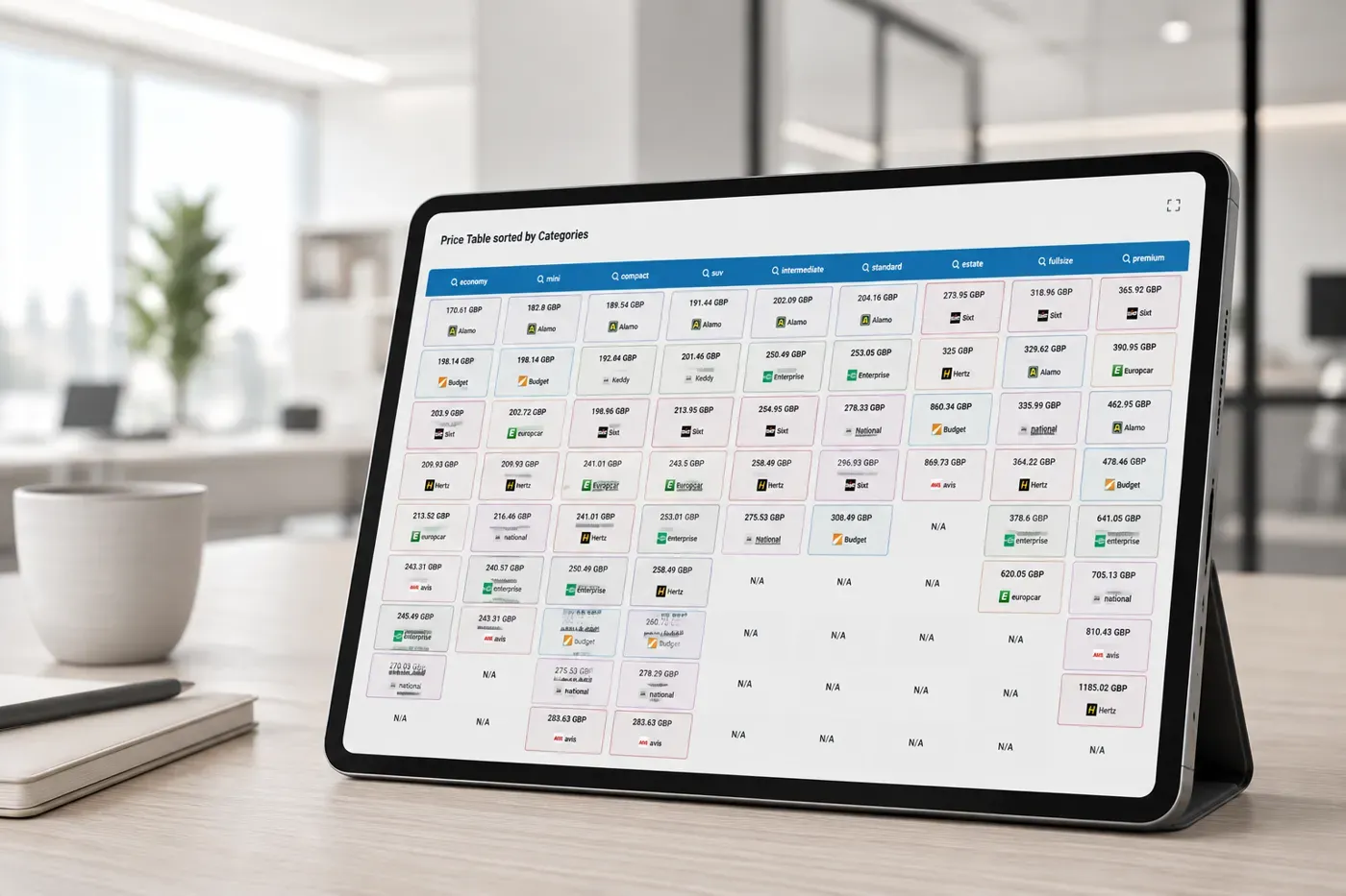 Price Seeker: tabla de precios de alquiler de coches ordenada por categorías, con los precios de Alamo, Sixt, Hertz, Europcar, Avis, Enterprise, Budget, National y Keddy