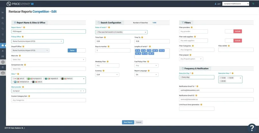 DataSeekers — Reports & API : configuration de rapports automatiques avec filtres, fréquence, formats et destinations