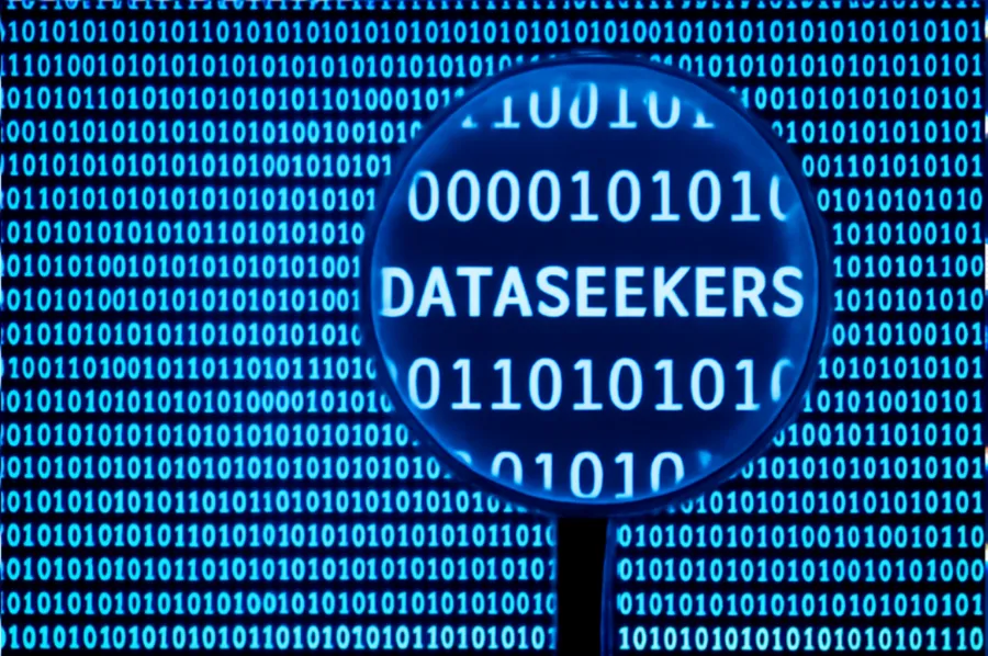 Magnifying glass over binary code revealing the Data Seekers brand